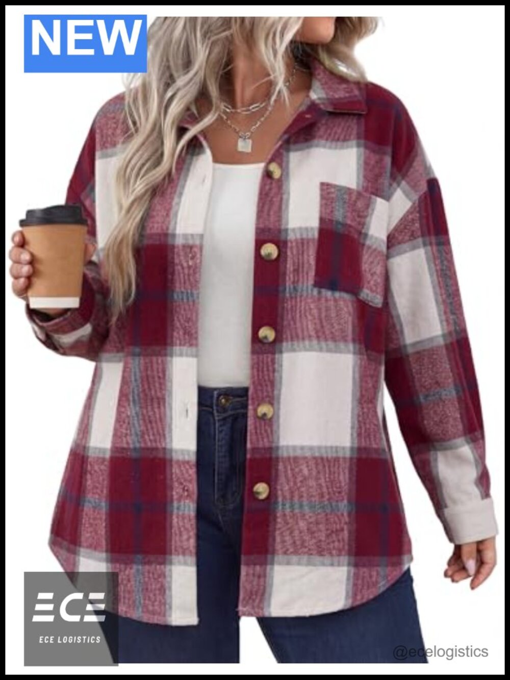 Plus Size Plaid Shacket Button Front Scoop Hem Oversized Fit Casual